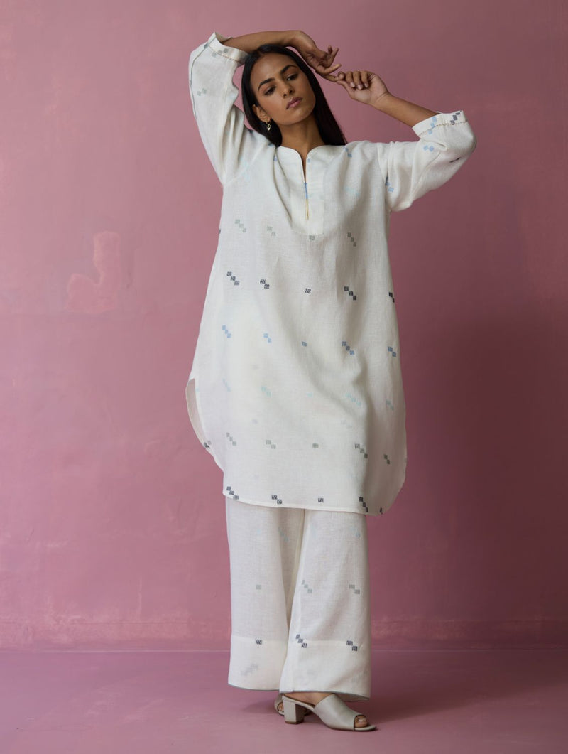 Ikara Jamdani Linen Kurta Set - Ivory all linen by Manan in ivory color for women Worldwide