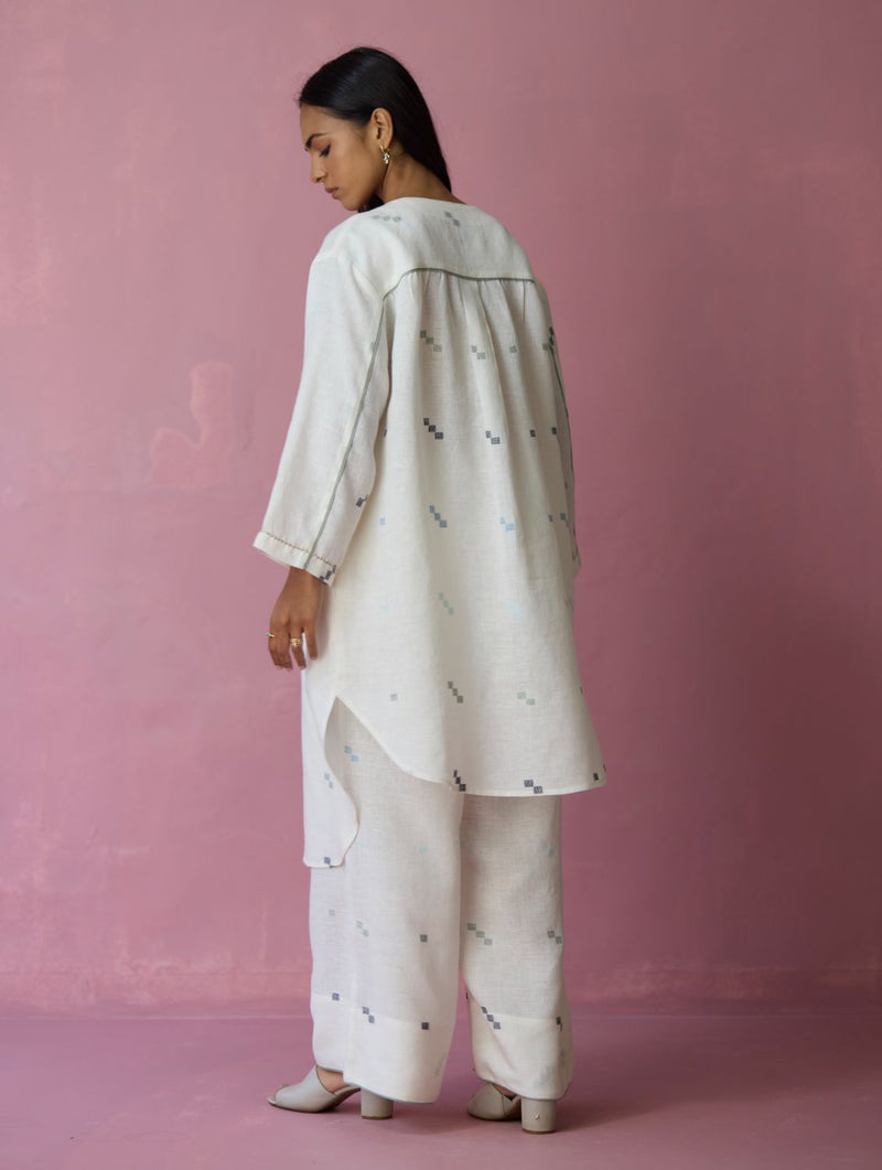 Ikara Jamdani Linen Kurta Set - Ivory all linen by Manan in ivory color for women Worldwide