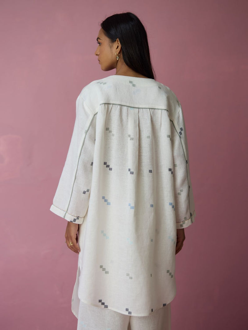 Ikara Jamdani Linen Kurta Set - Ivory all linen by Manan in ivory color for women Worldwide