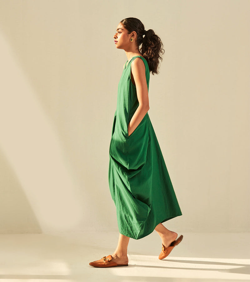 Gathers of Time Dress cotton by Khara Kapas in green for women Worldwide