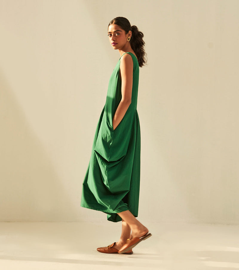 Gathers of Time Dress cotton by Khara Kapas in green for women Worldwide