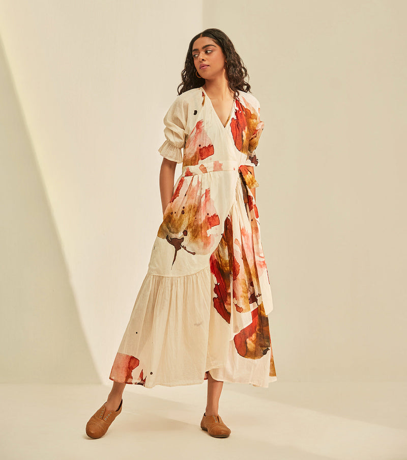 Wild poppy wrap Dress cotton by Khara Kapas in white for women Worldwide
