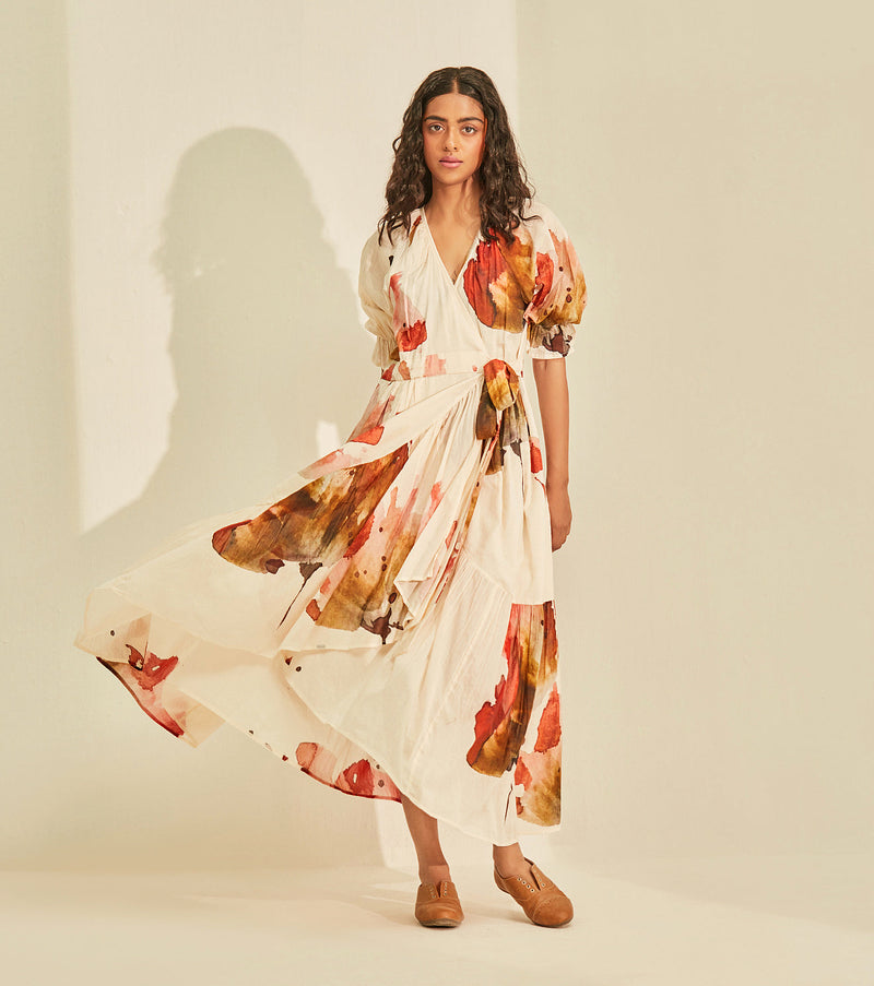 Wild poppy wrap Dress cotton by Khara Kapas in white for women Worldwide