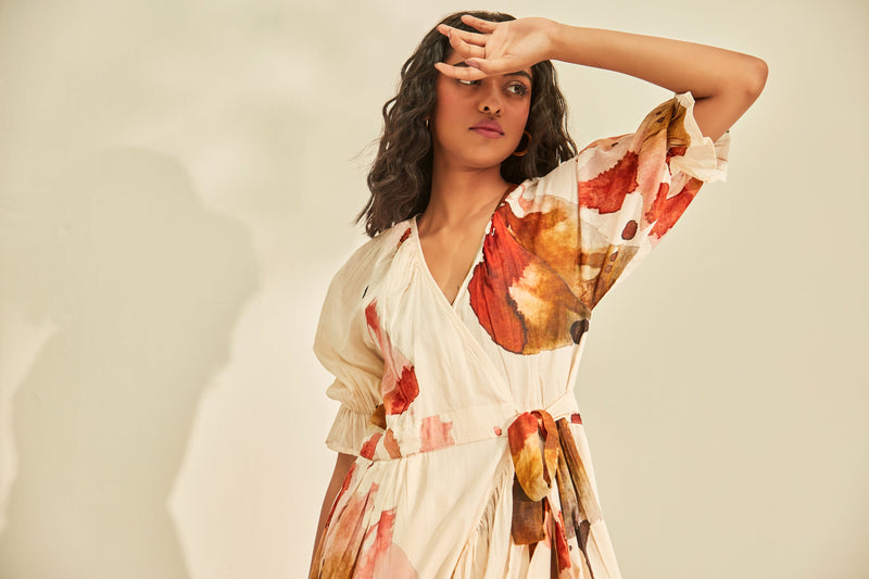Wild poppy wrap Dress cotton by Khara Kapas in white for women Worldwide