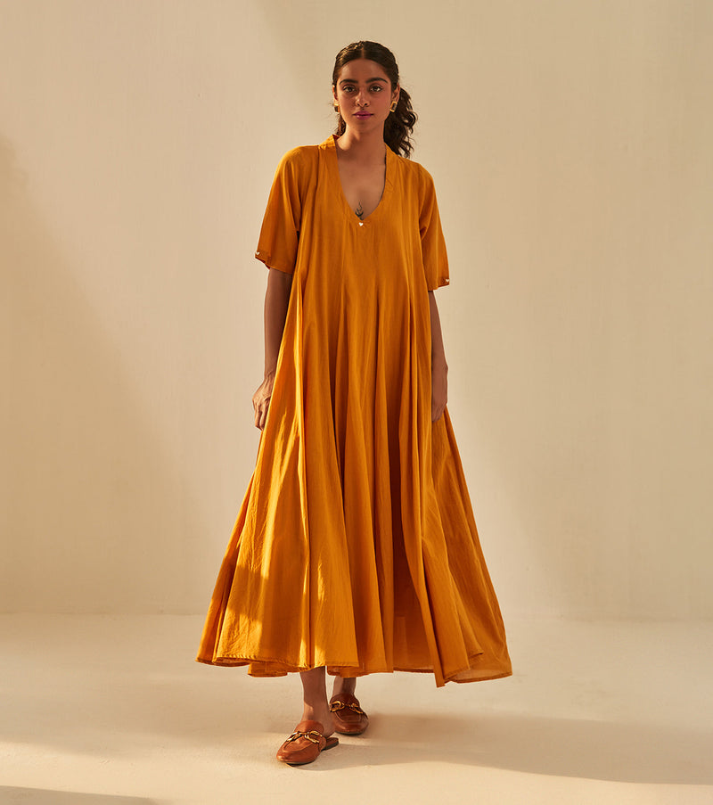 Gold Rush Dress cotton by Khara Kapas in mustard for women Worldwide