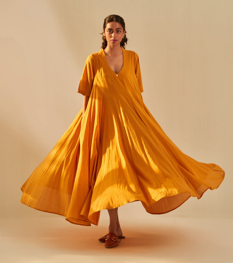 Gold Rush Dress cotton by Khara Kapas in mustard for women Worldwide