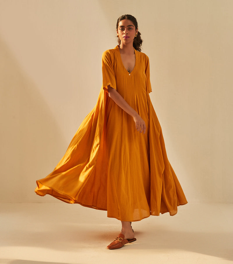 Gold Rush Dress cotton by Khara Kapas in mustard for women Worldwide