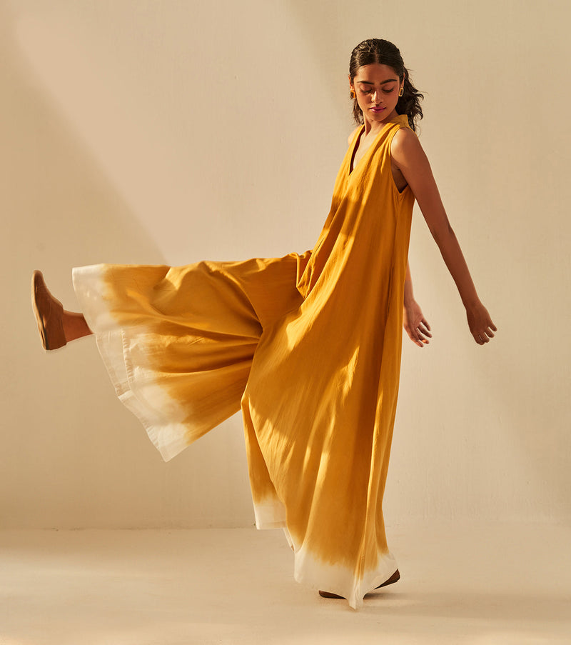 Golden sky Jumpsuit cotton by Khara Kapas in mustard for women Worldwide