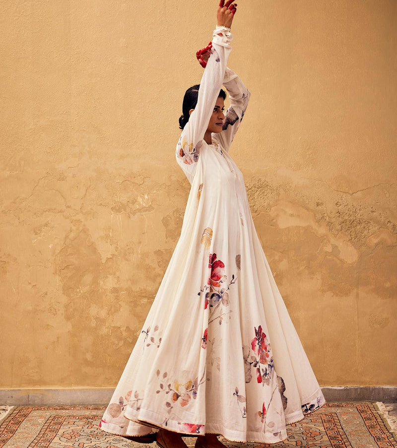 Gulbahar Anarkali Gown cotton dress by Khara Kapas in off white for women Worldwide
