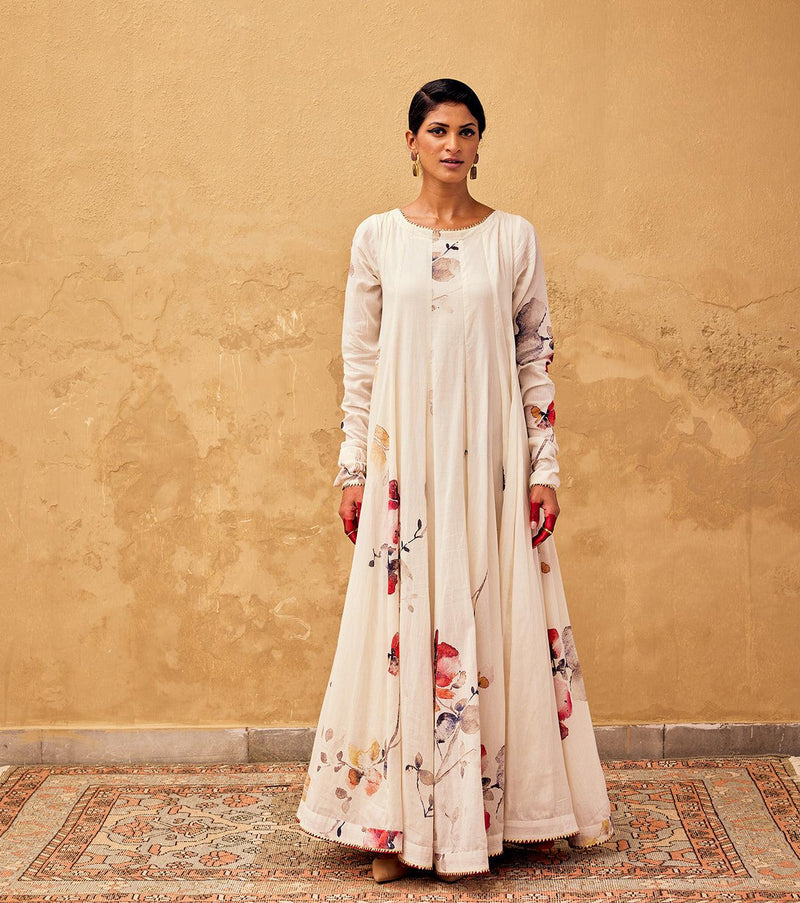 Gulbahar Anarkali Gown cotton dress by Khara Kapas in off white for women Worldwide