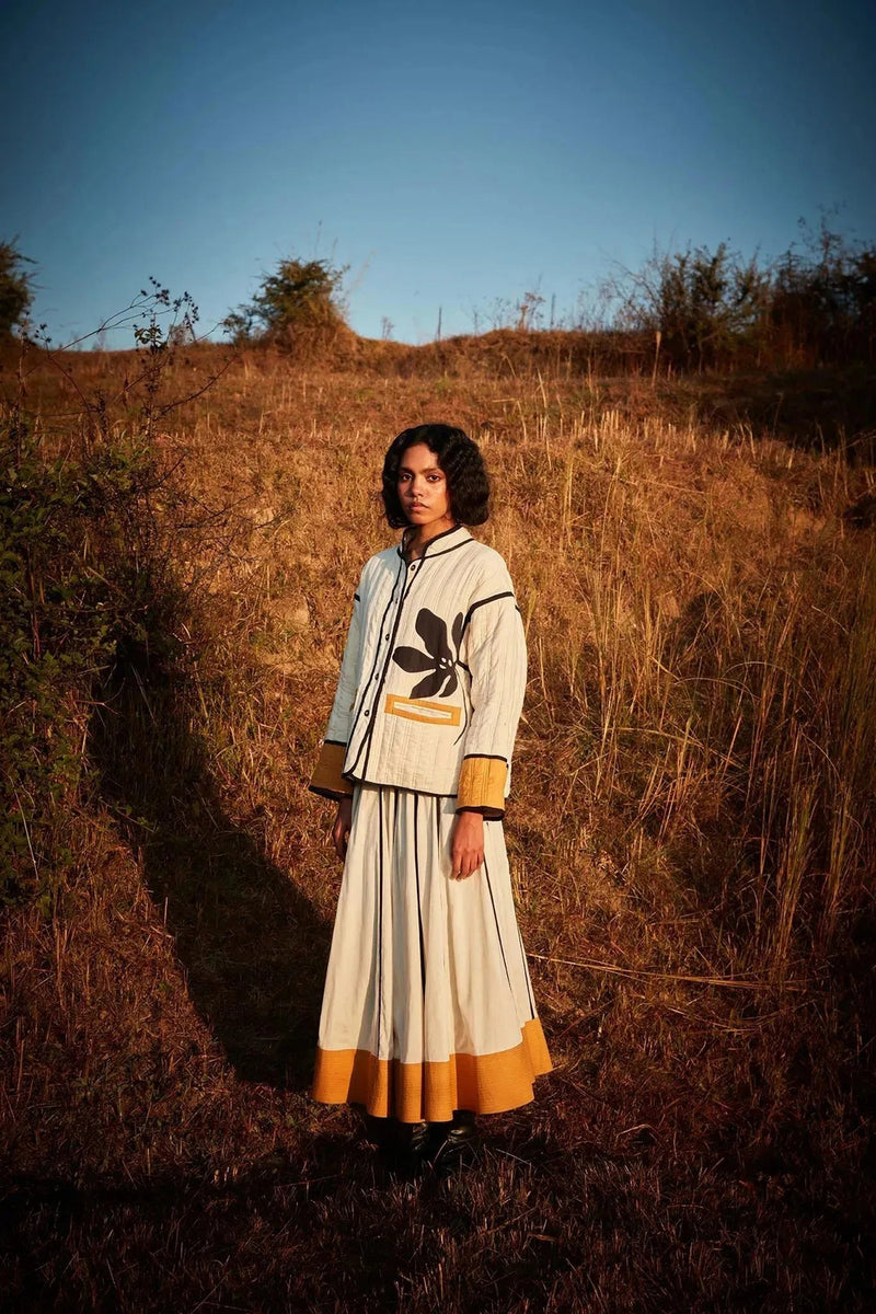 Serenade White Skirt cotton skirt by Khara Kapas in white, mustard for women Worldwide