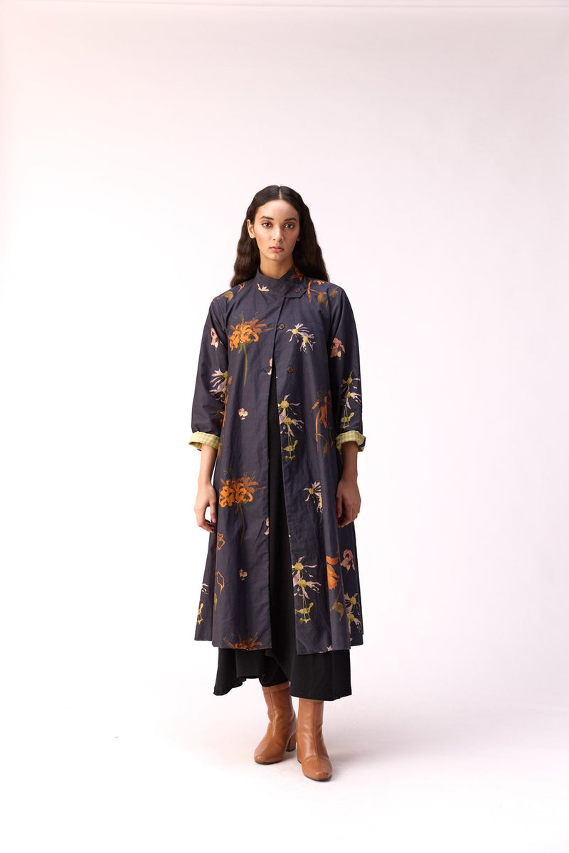 Smoky Flora Trench Dress cotton jacket/overlay by Khara Kapas in charcoal for women Worldwide