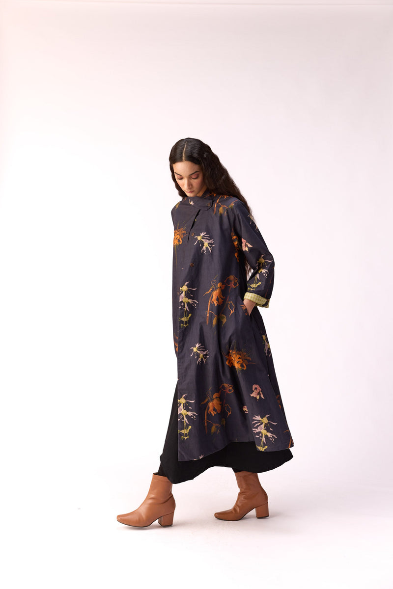 Smoky Flora Trench Dress cotton jacket/overlay by Khara Kapas in charcoal for women Worldwide
