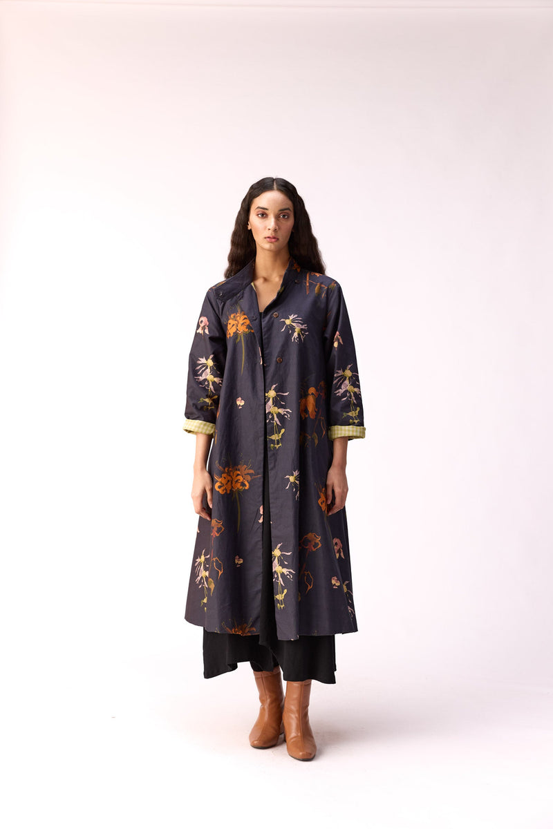 Smoky Flora Trench Dress cotton jacket/overlay by Khara Kapas in charcoal for women Worldwide