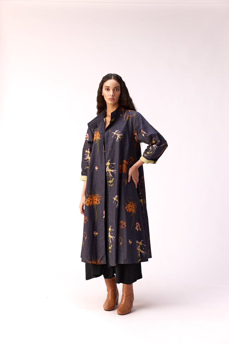 Smoky Flora Trench Dress cotton jacket/overlay by Khara Kapas in charcoal for women Worldwide