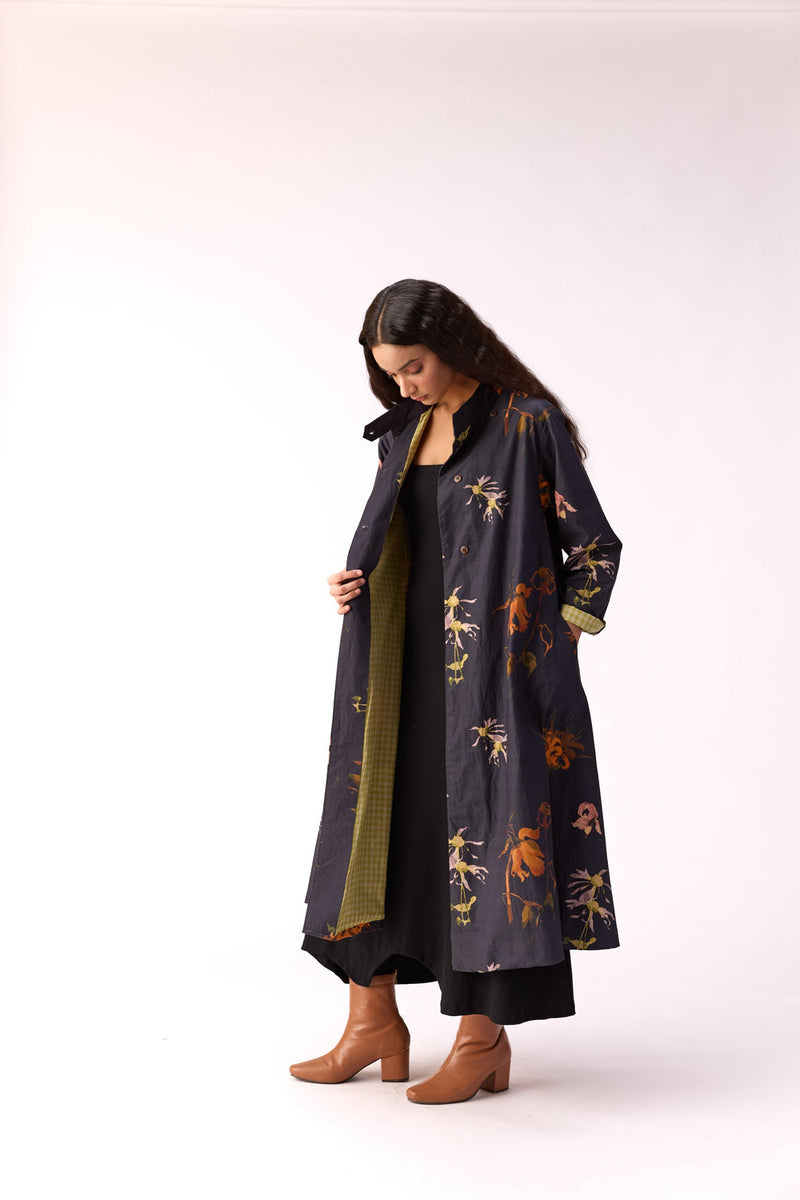 Smoky Flora Trench Dress cotton jacket/overlay by Khara Kapas in charcoal for women Worldwide
