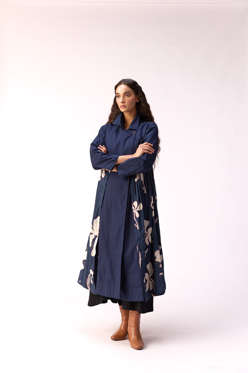 Sapphire Garden Trench Coat cotton jacket/overlay by Khara Kapas in blue for women Worldwide