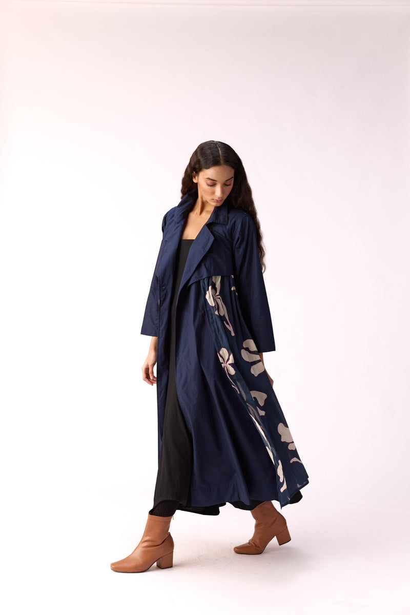 Sapphire Garden Trench Coat cotton jacket/overlay by Khara Kapas in blue for women Worldwide