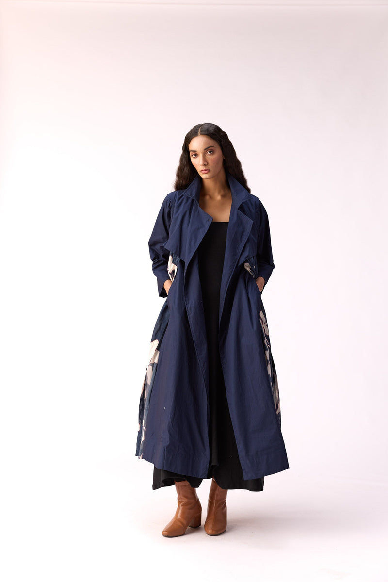 Sapphire Garden Trench Coat cotton jacket/overlay by Khara Kapas in blue for women Worldwide