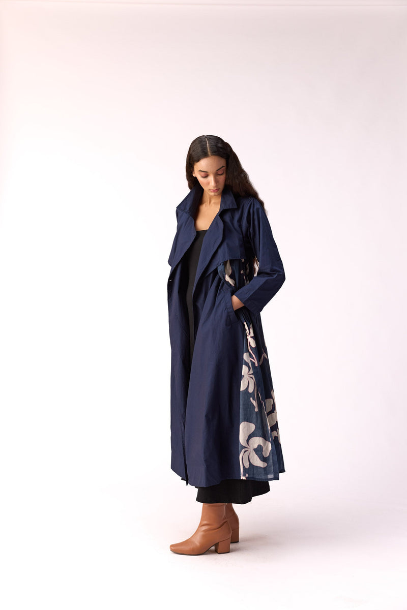 Sapphire Garden Trench Coat cotton jacket/overlay by Khara Kapas in blue for women Worldwide