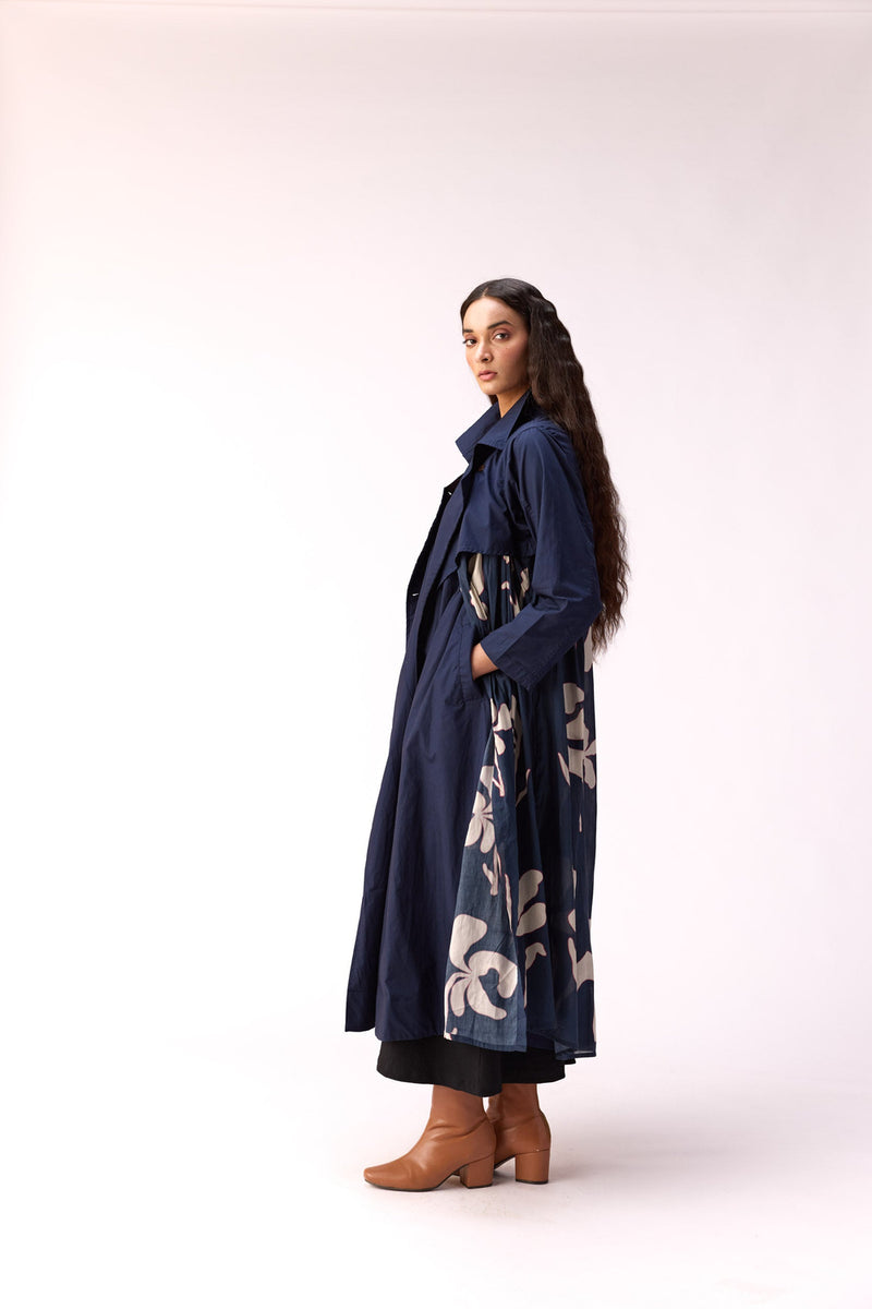 Sapphire Garden Trench Coat cotton jacket/overlay by Khara Kapas in blue for women Worldwide