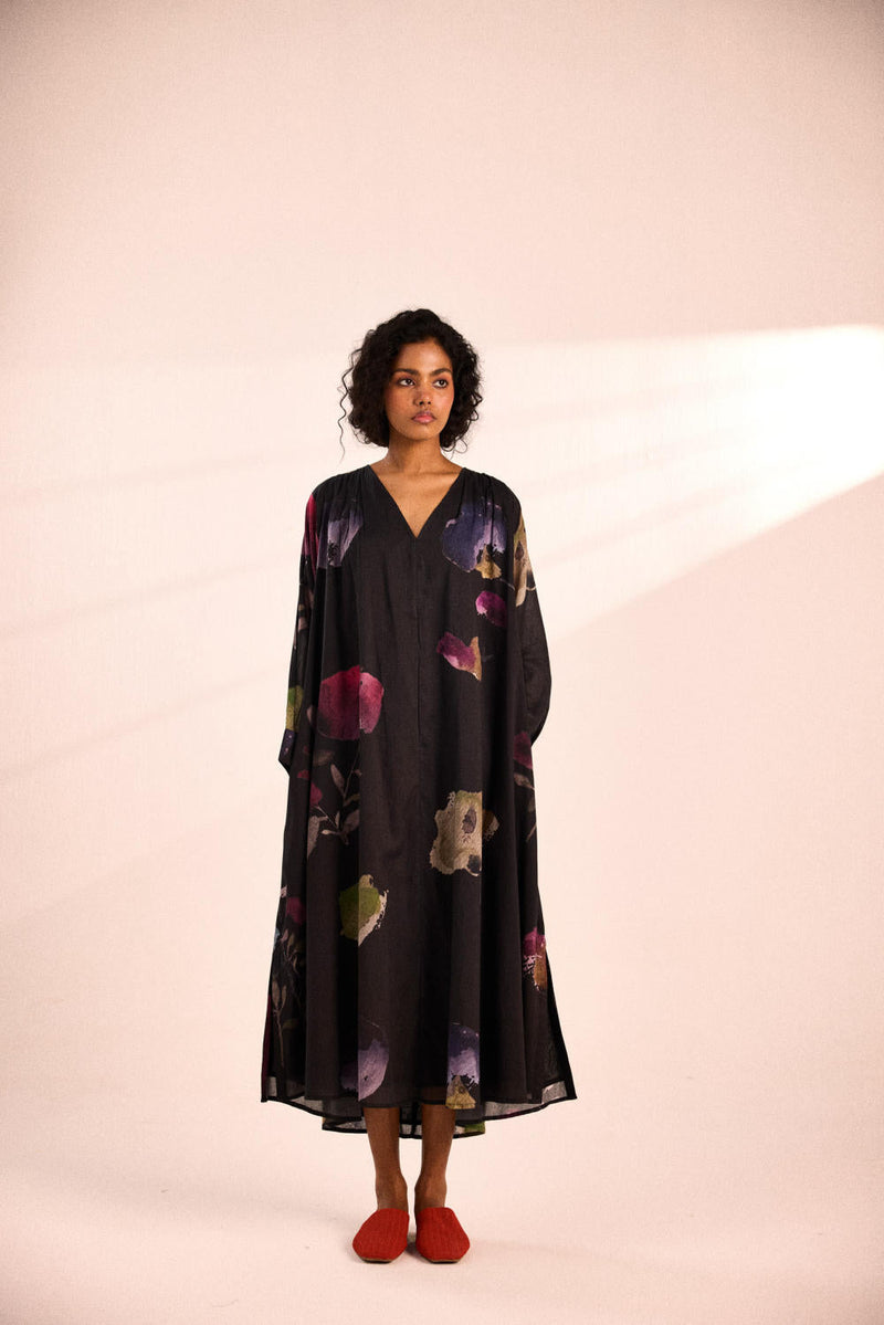 Dusky fleurs Dress by Khara Kapas in black for women Worldwide