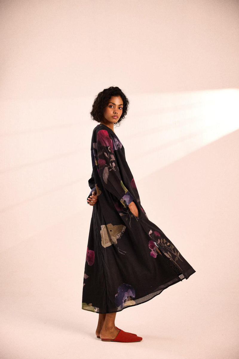 Dusky fleurs Dress by Khara Kapas in black for women Worldwide