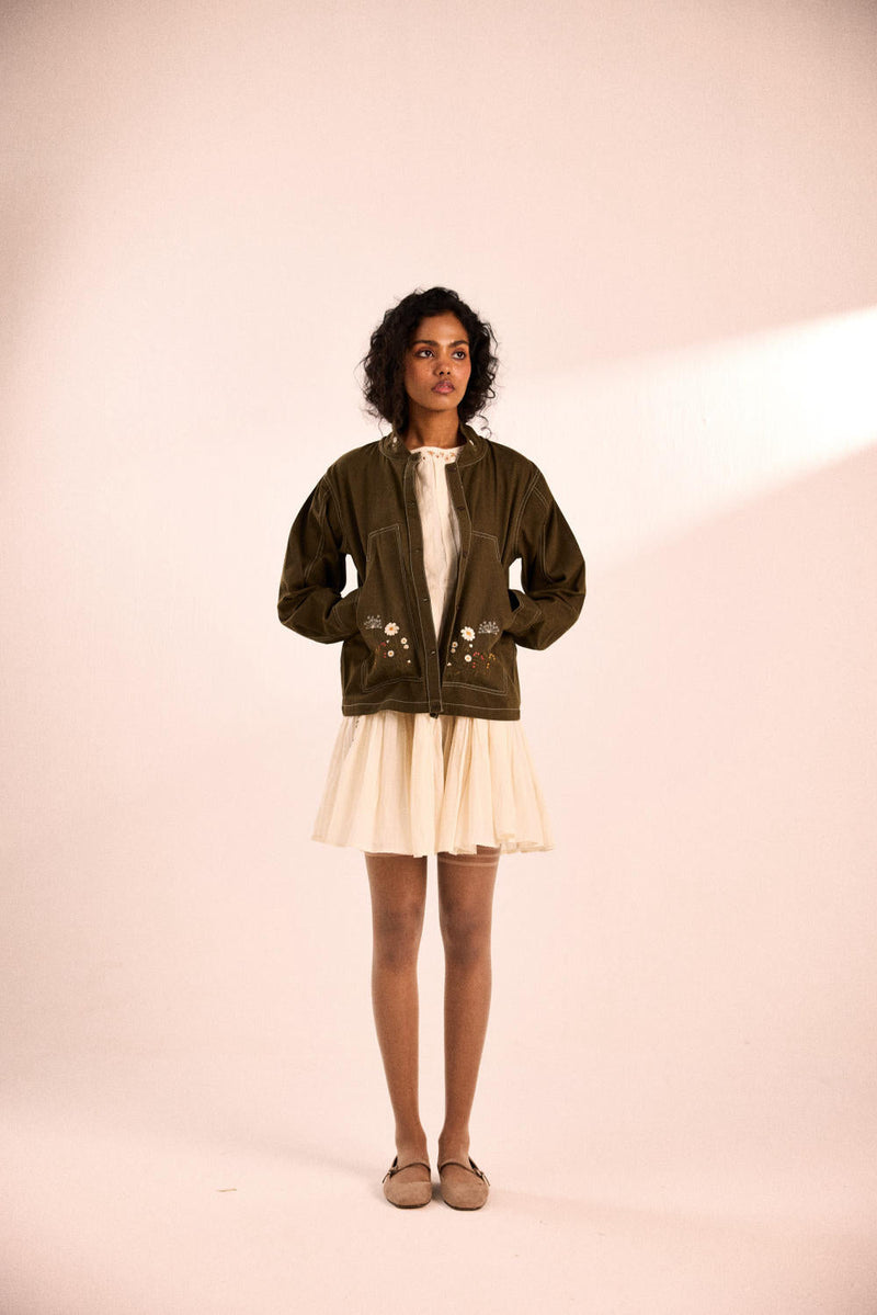 Sage flora jacket twill by Khara Kapas in olive for women Worldwide