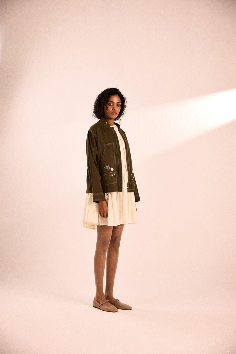 Sage flora jacket twill by Khara Kapas in olive for women Worldwide