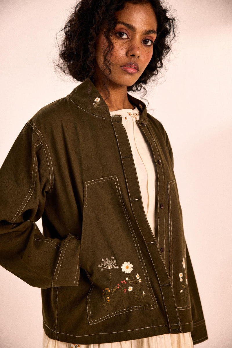 Sage flora jacket twill by Khara Kapas in olive for women Worldwide