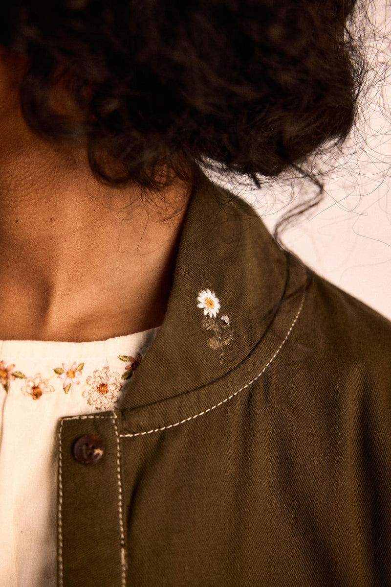 Sage flora jacket twill by Khara Kapas in olive for women Worldwide