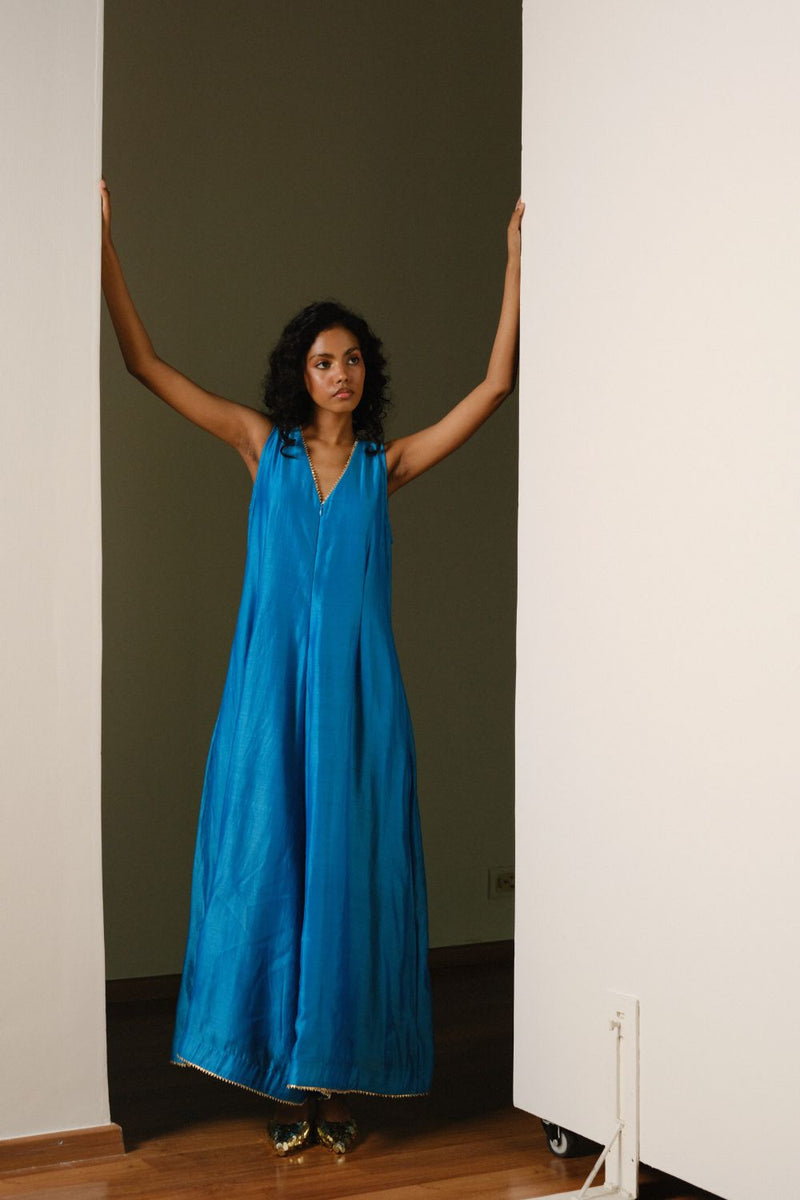 Ambar Jumpsuit chanderi by Khara Kapas in blue for women Worldwide