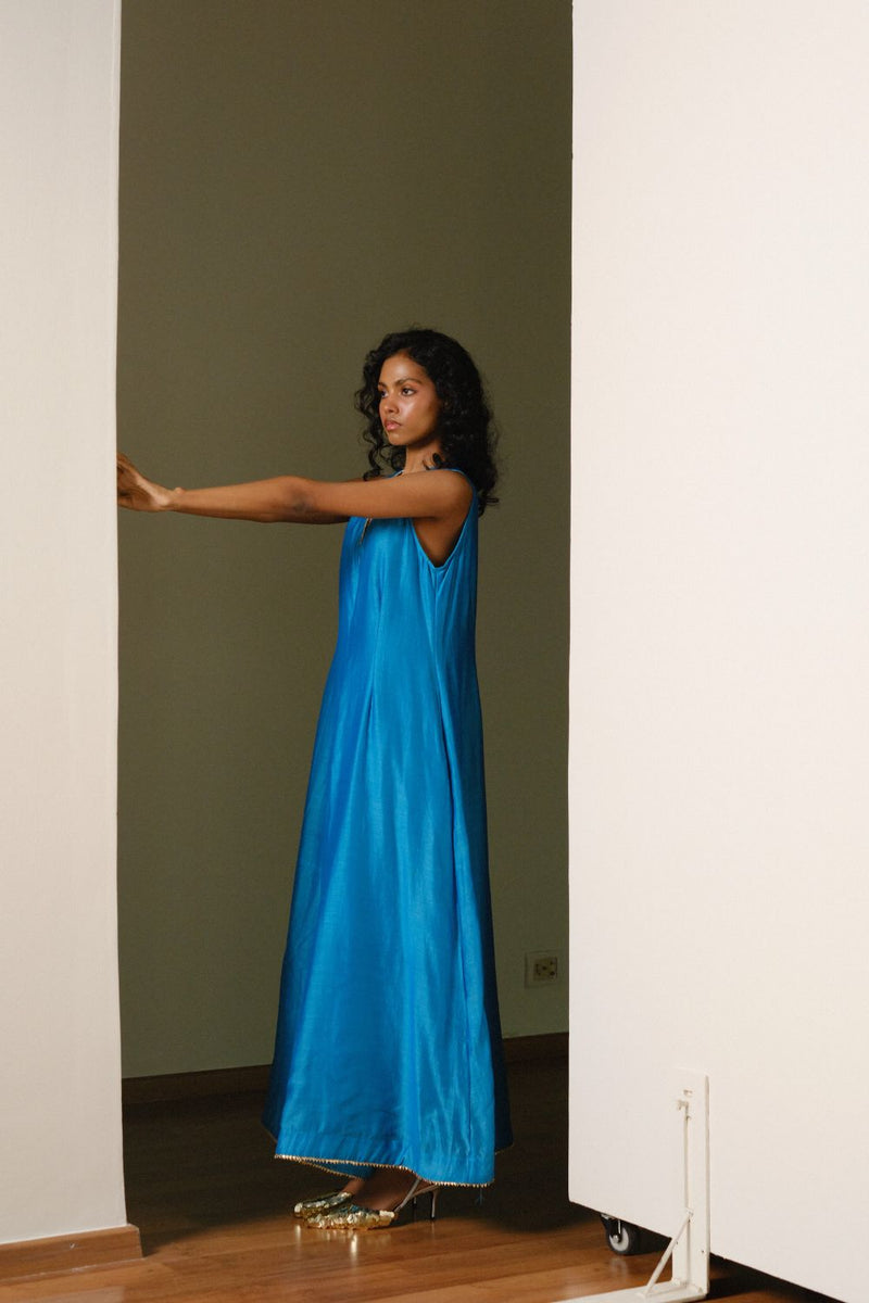 Ambar Jumpsuit chanderi by Khara Kapas in blue for women Worldwide