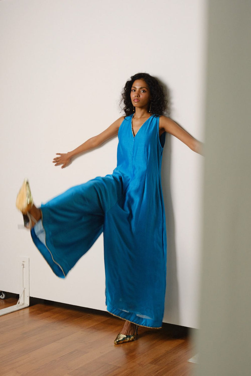 Ambar Jumpsuit chanderi by Khara Kapas in blue for women Worldwide