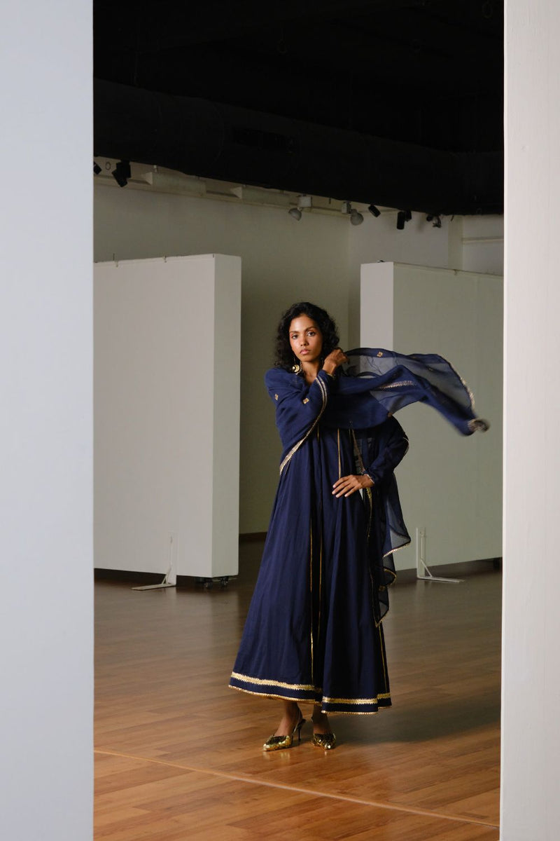 Tara Gown with Dupatta cotton by Khara Kapas in blue for women Worldwide