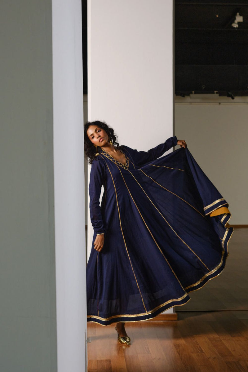 Tara Gown with Dupatta cotton by Khara Kapas in blue for women Worldwide