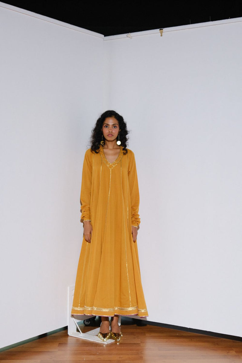Kiran Gown with dupatta cotton by Khara Kapas in mustard for women Worldwide