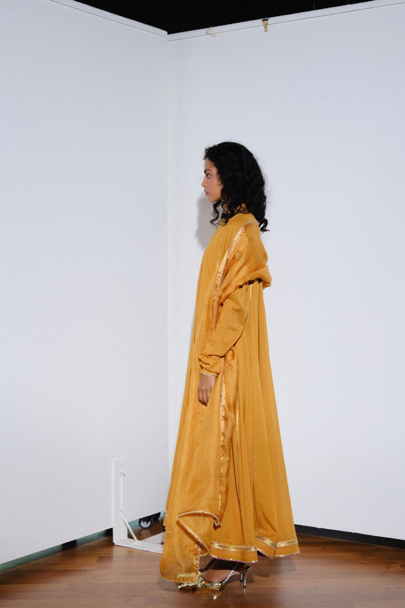 Kiran Gown with dupatta cotton by Khara Kapas in mustard for women Worldwide
