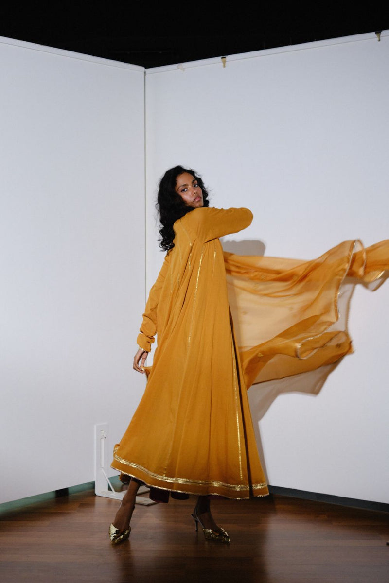 Kiran Gown with dupatta cotton by Khara Kapas in mustard for women Worldwide