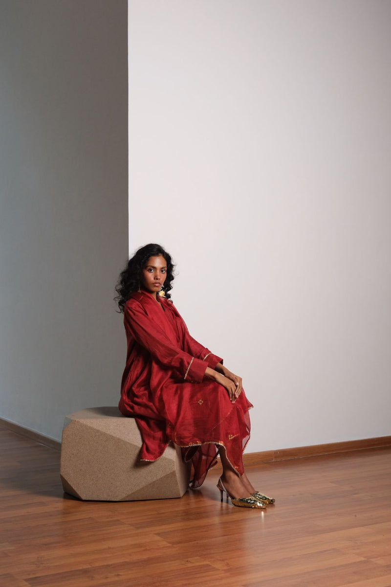 Kumkum Kurta Set chanderi by Khara Kapas in red for women Worldwide