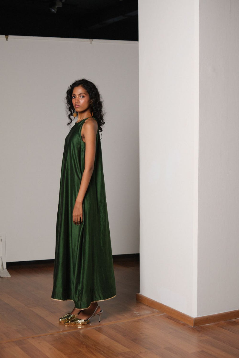 Vriksh Silk Gown chanderi by Khara Kapas in green for women Worldwide