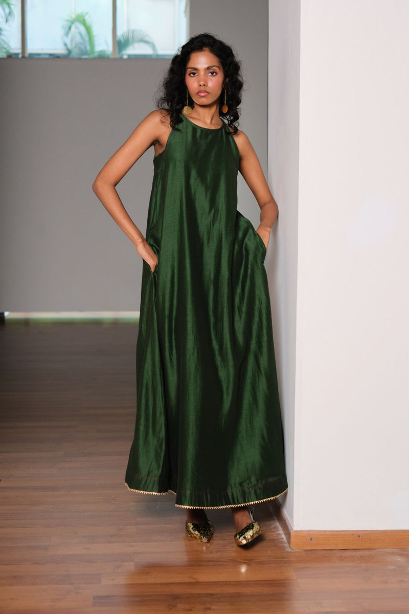 Vriksh Silk Gown chanderi by Khara Kapas in green for women Worldwide