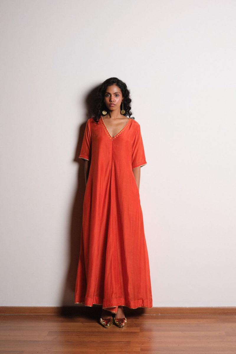 Agni Tara Jumpsuit chanderi by Khara Kapas in orange for women Worldwide