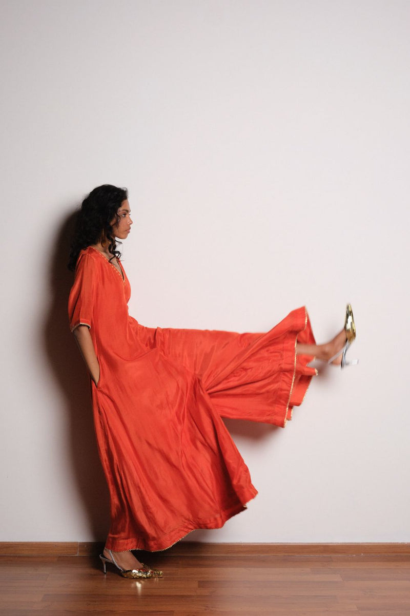 Agni Tara Jumpsuit chanderi by Khara Kapas in orange for women Worldwide