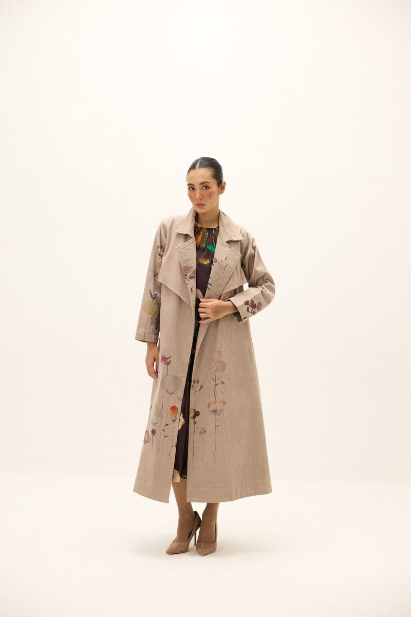 Taupe Trench Coat corduroy by Khara Kapas in grey for women Worldwide