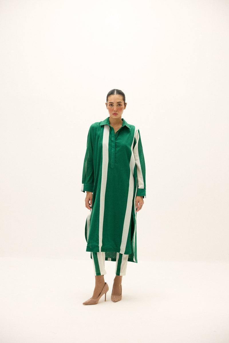 Streamlines Co-ord Set cotton co-ord set by Khara Kapas in green, white for women Worldwide