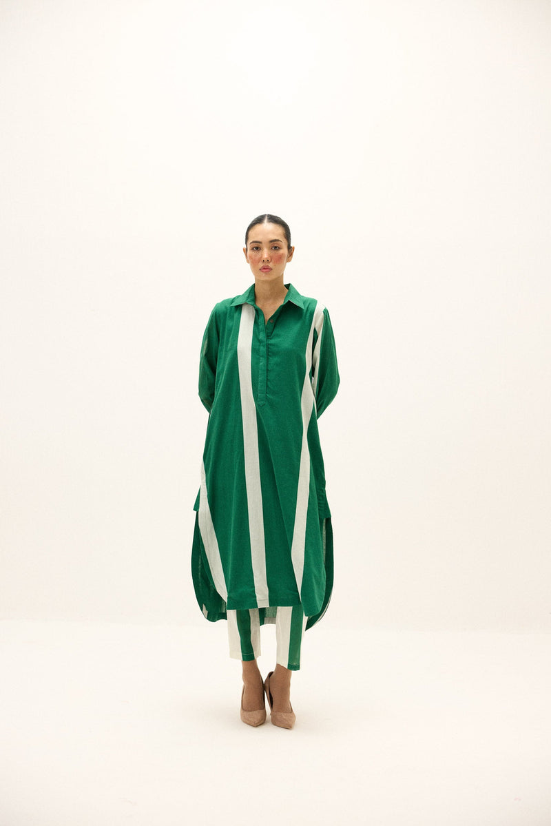 Streamlines Co-ord Set cotton co-ord set by Khara Kapas in green, white for women Worldwide