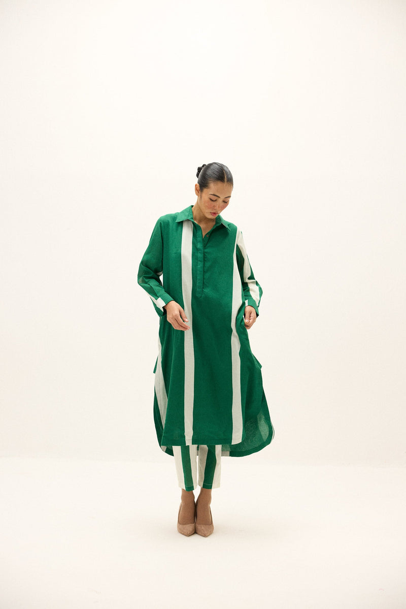 Streamlines Co-ord Set cotton co-ord set by Khara Kapas in green, white for women Worldwide