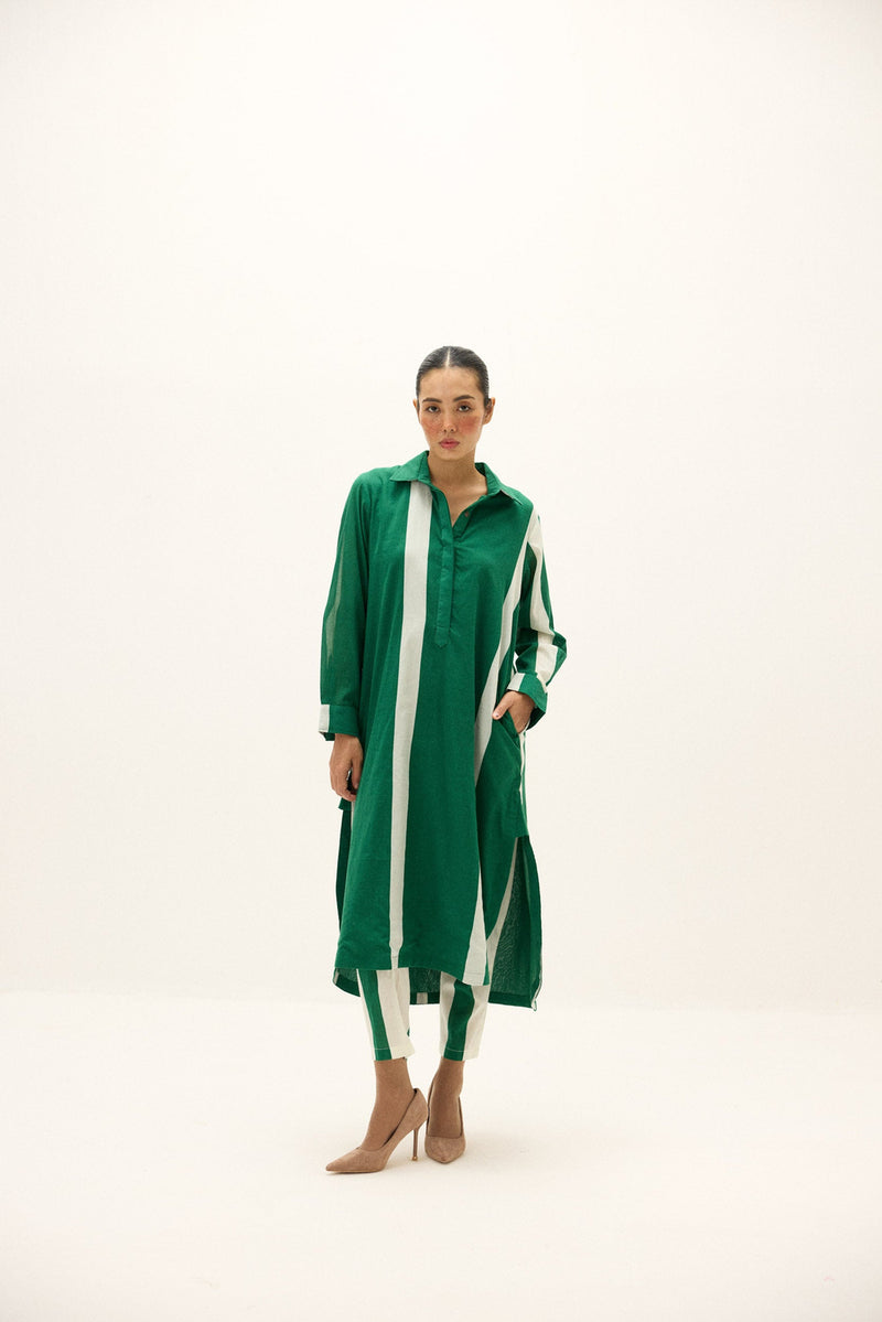 Streamlines Co-ord Set cotton co-ord set by Khara Kapas in green, white for women Worldwide
