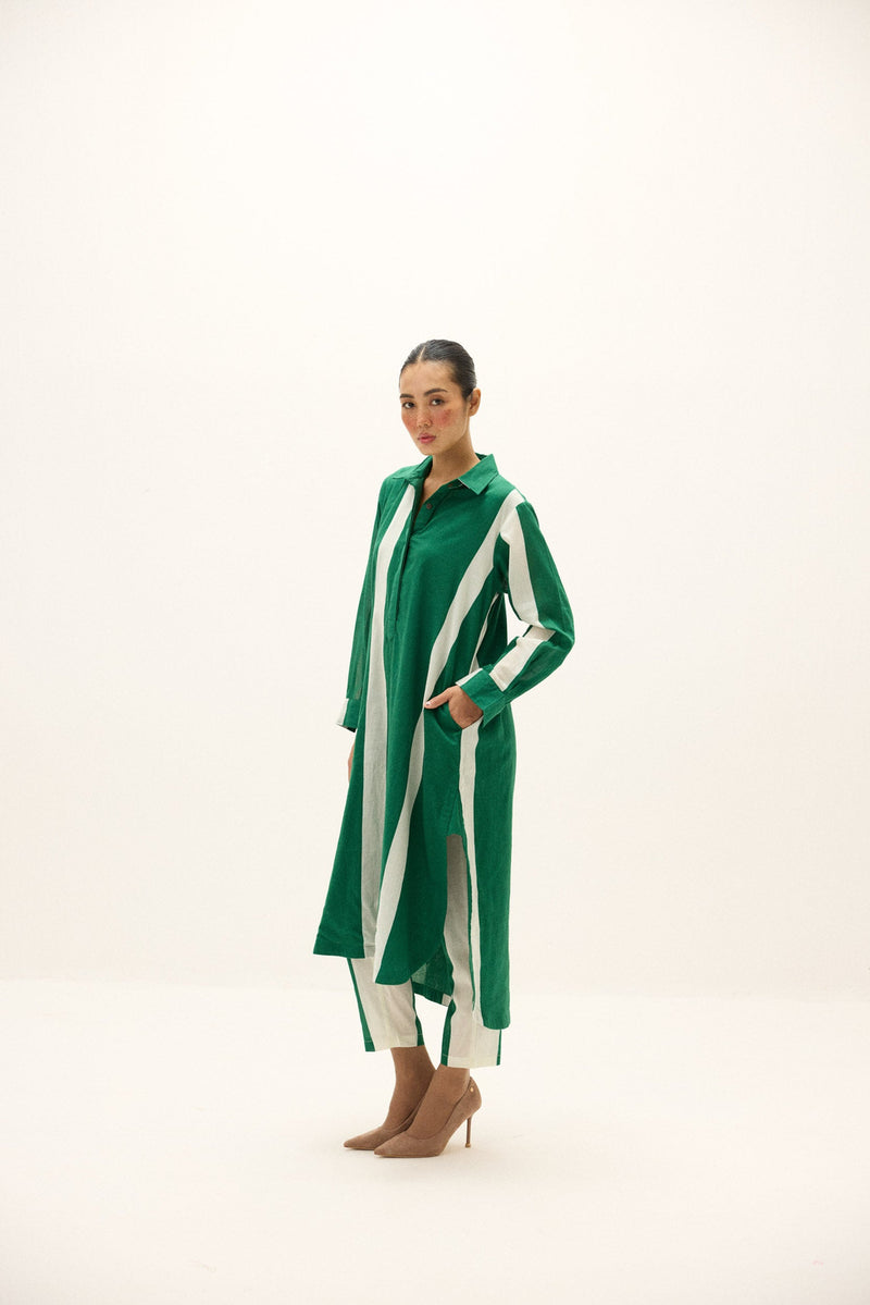 Streamlines Co-ord Set cotton co-ord set by Khara Kapas in green, white for women Worldwide